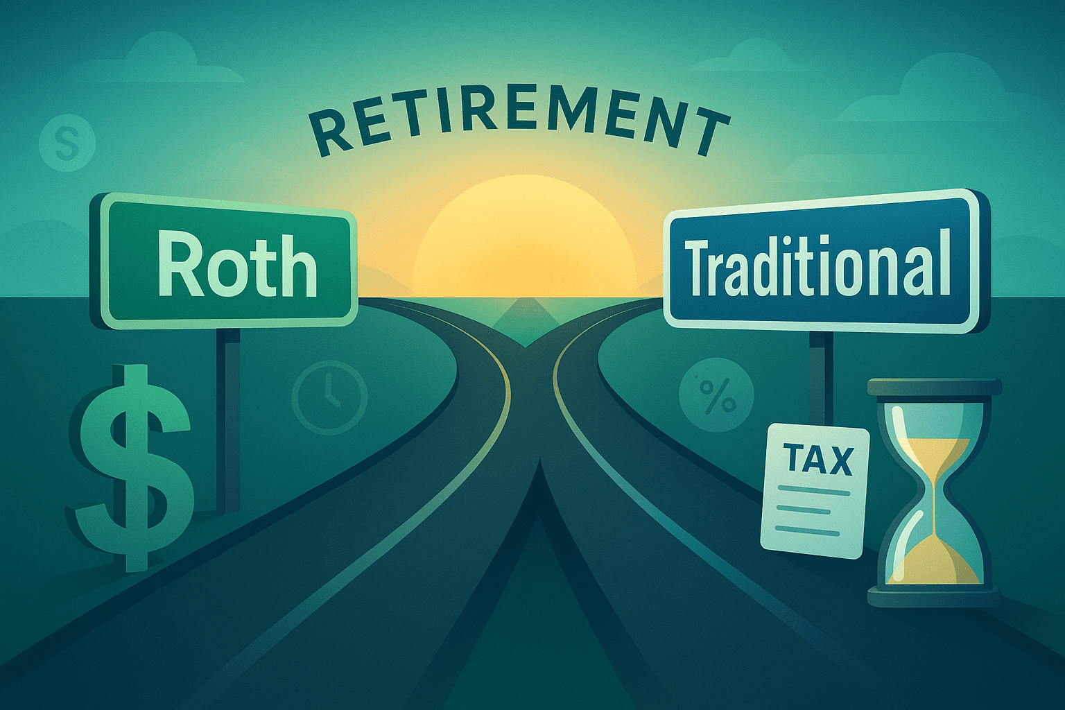 Roth vs Traditional Solo 401k comparison showing two retirement paths
